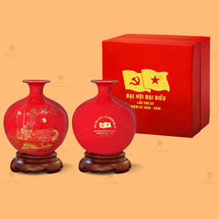 Bình Hút Lộc Men Đỏ Vẽ Vàng Sen Chép